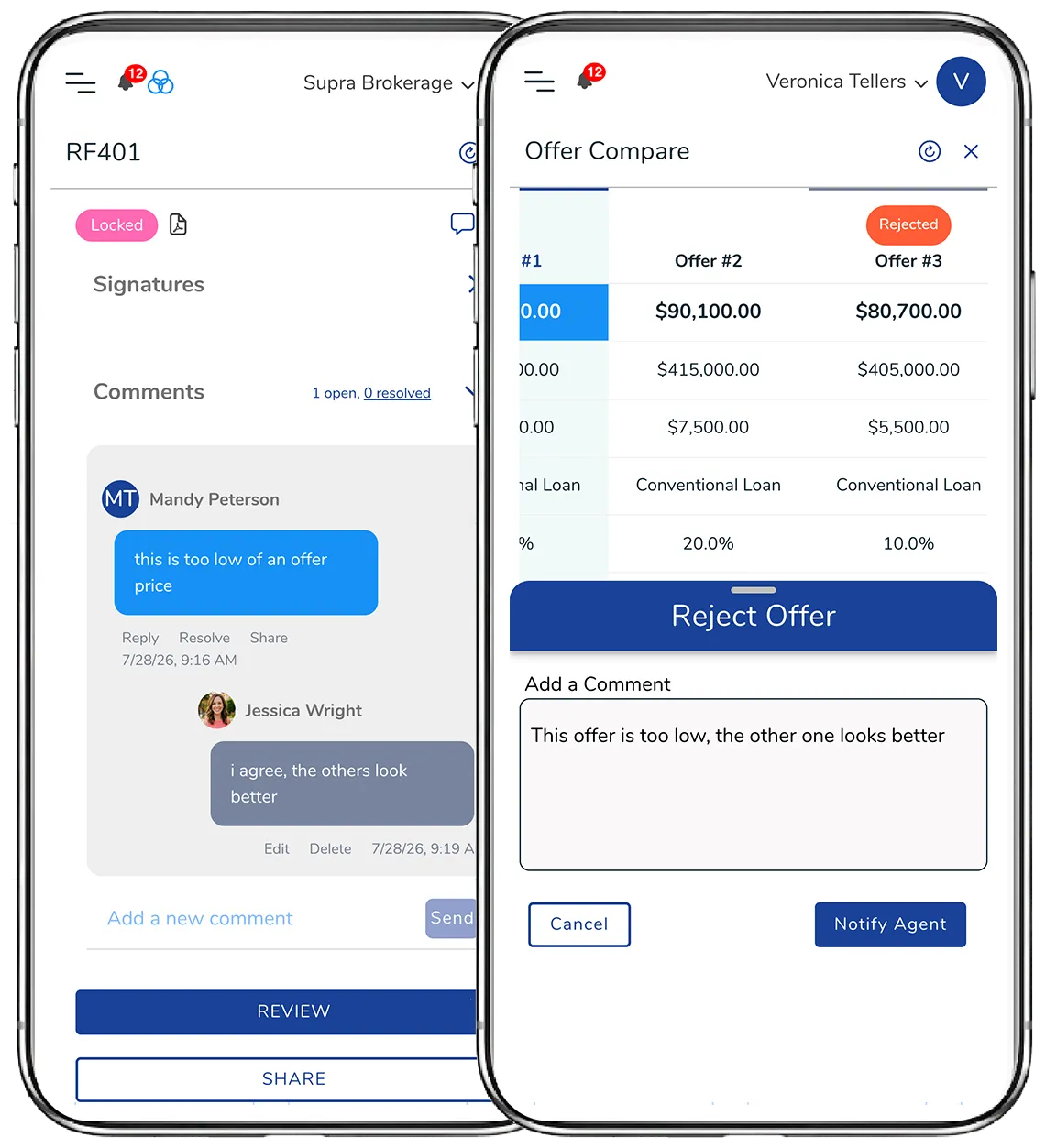 Sellers comment on and reject offers from their phone